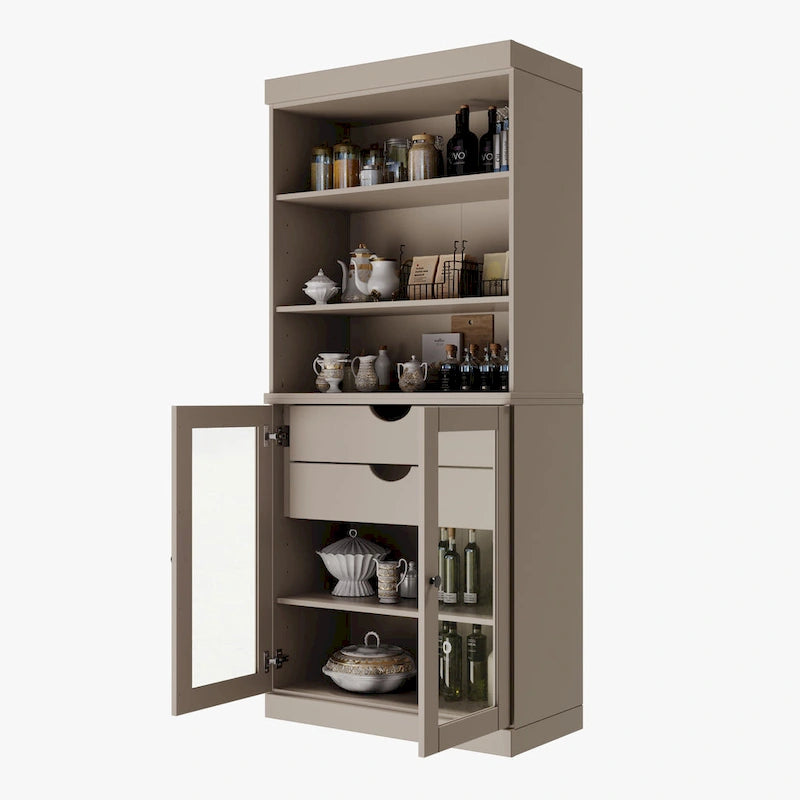 100% Solid Wood Kitchen Pantry Cabinet with 2 Clear Glass or Solid Wood Doors and 2-Drawer Organizer by Palace Imports