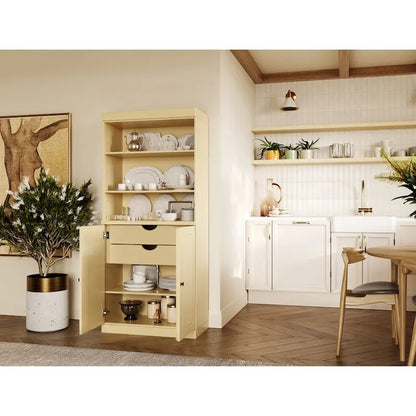 100% Solid Wood Kitchen Pantry Cabinet with 2 Clear Glass or Solid Wood Doors and 2-Drawer Organizer by Palace Imports