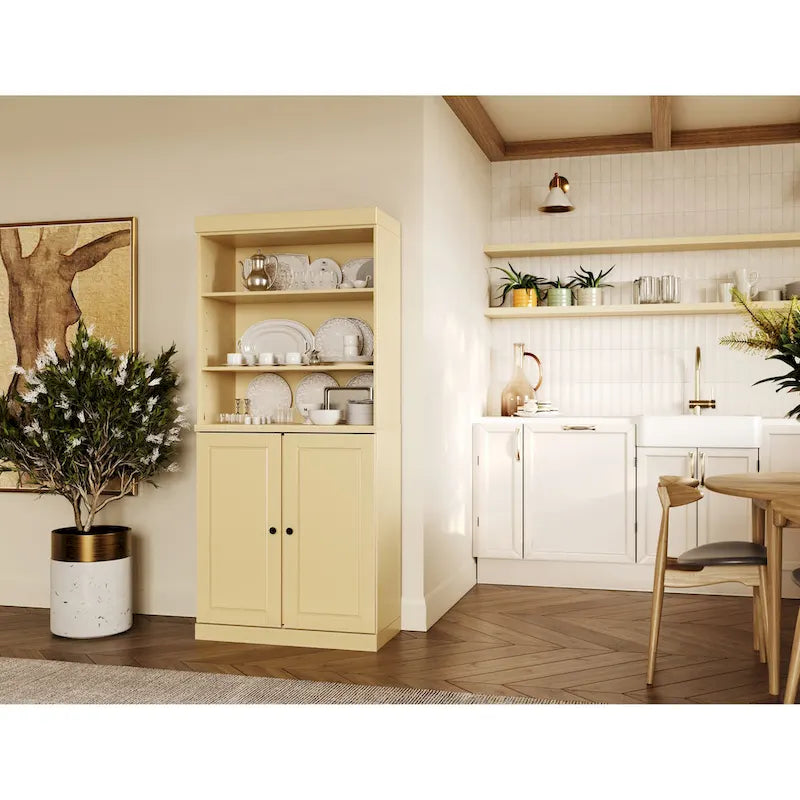 100% Solid Wood Kitchen Pantry Cabinet with 2 Clear Glass or Solid Wood Doors and 2-Drawer Organizer by Palace Imports