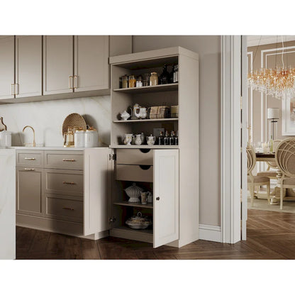 100% Solid Wood Kitchen Pantry Cabinet with 2 Clear Glass or Solid Wood Doors and 2-Drawer Organizer by Palace Imports
