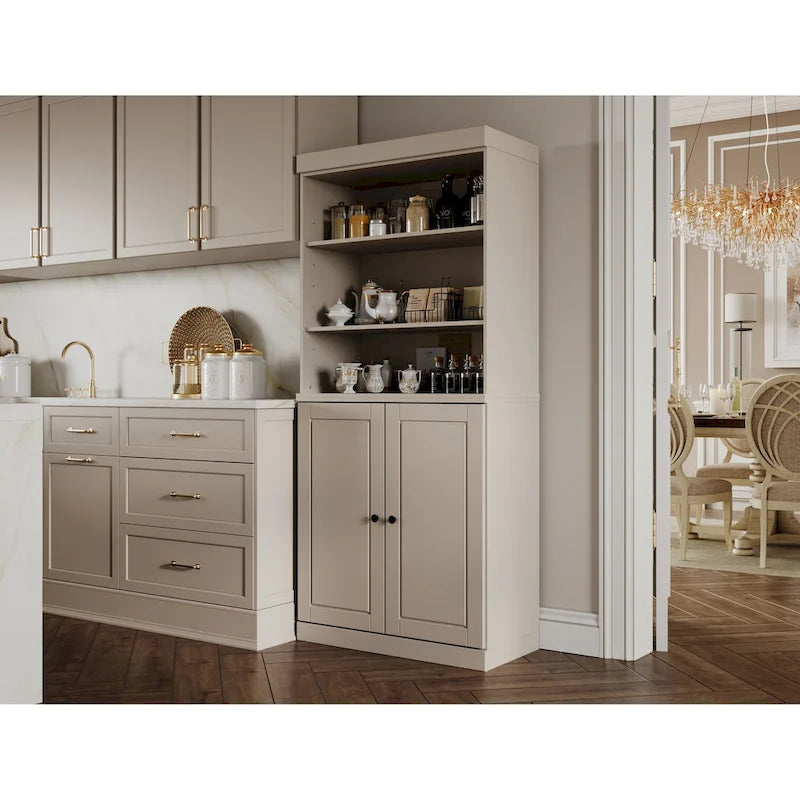 100% Solid Wood Kitchen Pantry Cabinet with 2 Clear Glass or Solid Wood Doors and 2-Drawer Organizer by Palace Imports