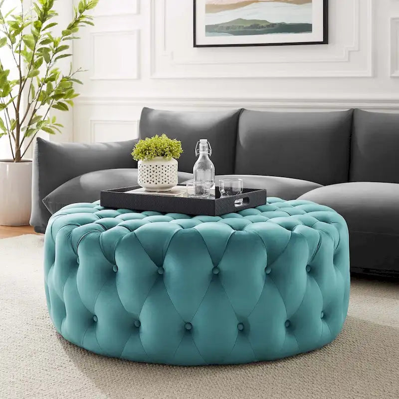 Amour Tufted Button Large Round Performance Velvet Ottoman