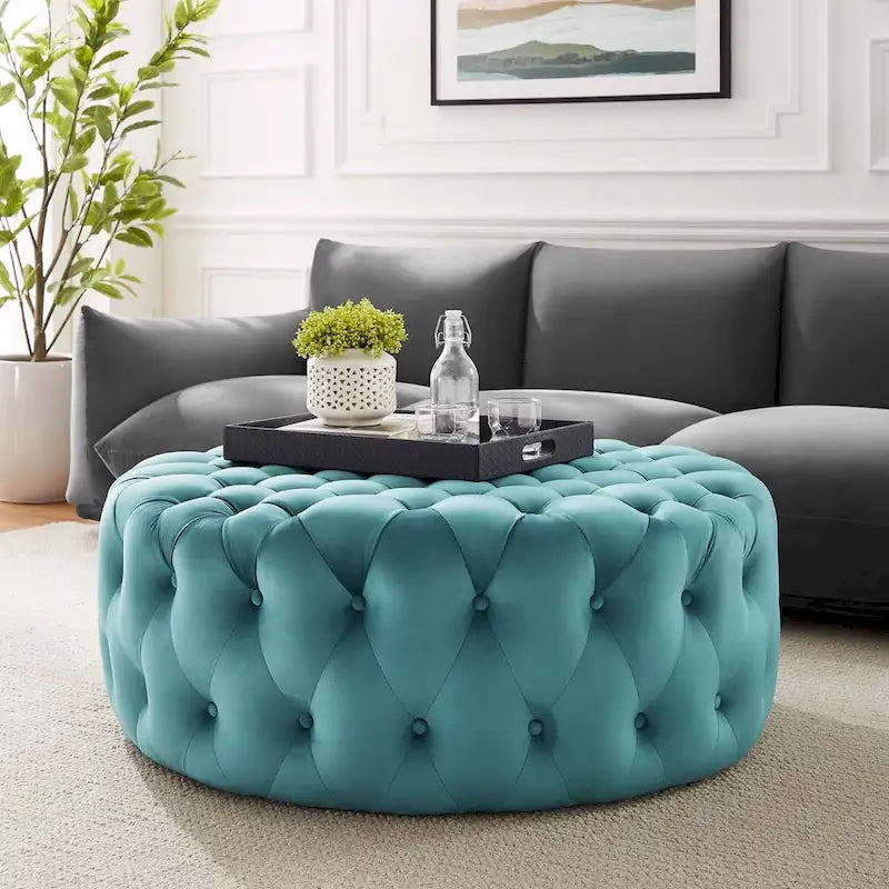 Amour Tufted Button Large Round Performance Velvet Ottoman