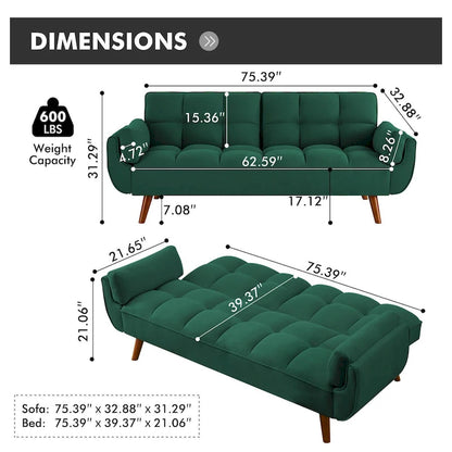 Futon Sofa Bed, Convertible Folding Futon Couch Recliner Lounge For Living Room With 2 Pillow/Armrest