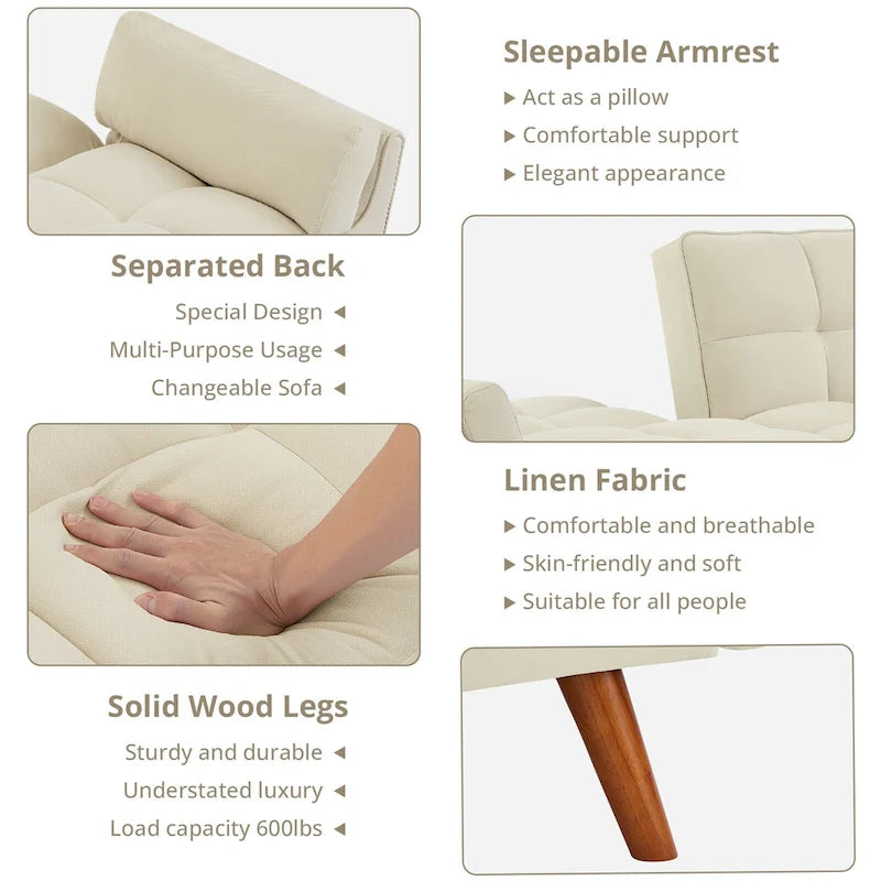 Futon Sofa Bed, Convertible Folding Futon Couch Recliner Lounge For Living Room With 2 Pillow/Armrest