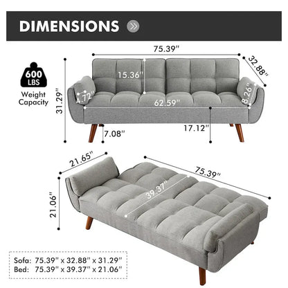 Futon Sofa Bed, Convertible Folding Futon Couch Recliner Lounge For Living Room With 2 Pillow/Armrest