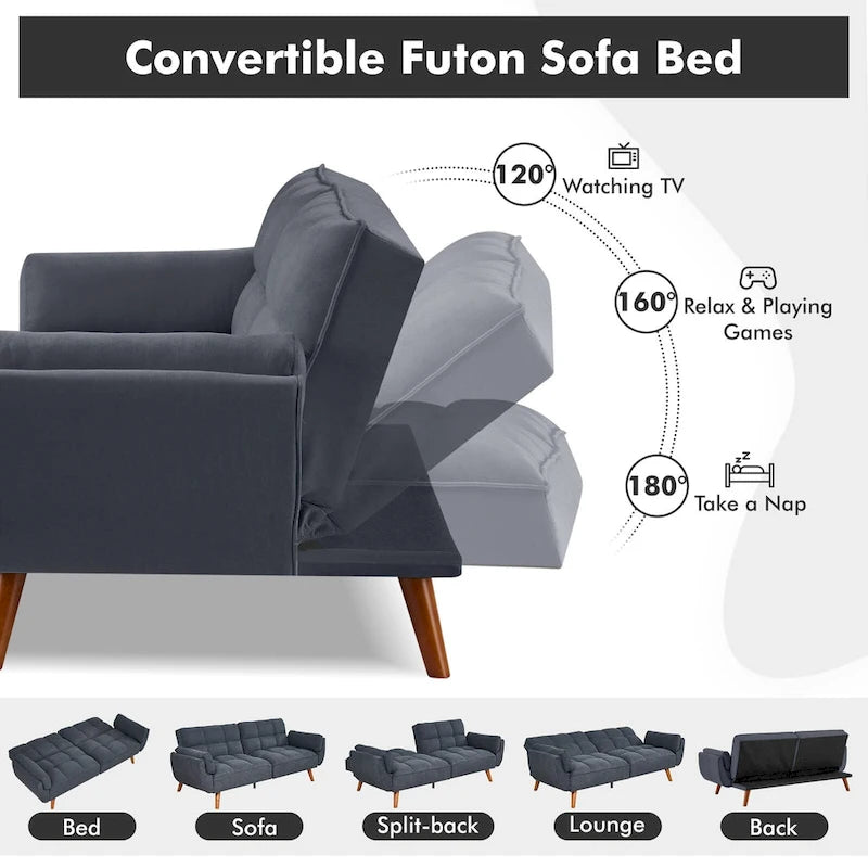 Futon Sofa Bed, Convertible Folding Futon Couch Recliner Lounge For Living Room With 2 Pillow/Armrest