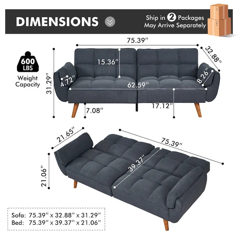 Futon Sofa Bed, Convertible Folding Futon Couch Recliner Lounge For Living Room With 2 Pillow/Armrest