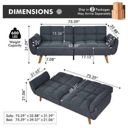 Futon Sofa Bed, Convertible Folding Futon Couch Recliner Lounge For Living Room With 2 Pillow/Armrest