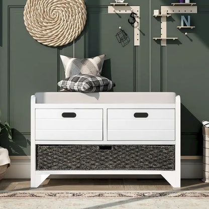 Storage Bench with Removable Basket and 2 Drawers, Fully Assembled Shoe Bench with Removable Cushion
