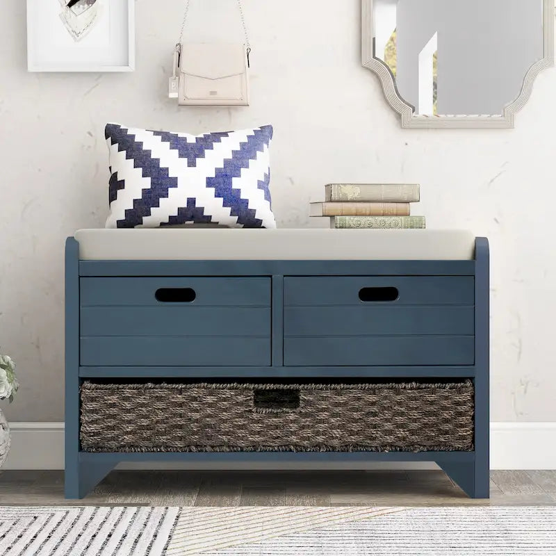 Storage Bench with Removable Basket and 2 Drawers, Fully Assembled Shoe Bench with Removable Cushion