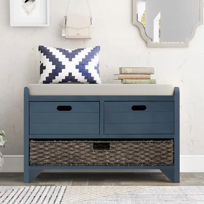 Storage Bench with Removable Basket and 2 Drawers, Fully Assembled Shoe Bench with Removable Cushion