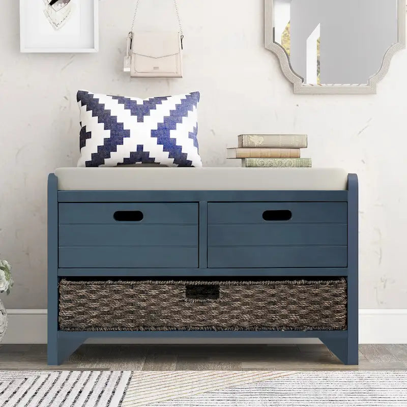 Storage Bench with Removable Basket and 2 Drawers, Fully Assembled Shoe Bench with Removable Cushion