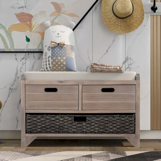 Storage Bench with Removable Basket and 2 Drawers, Fully Assembled Shoe Bench with Removable Cushion