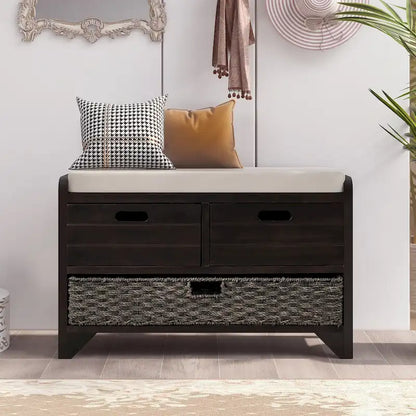 Storage Bench with Removable Basket and 2 Drawers, Fully Assembled Shoe Bench with Removable Cushion