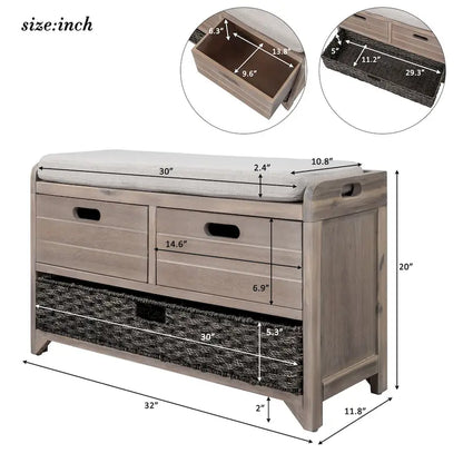 Storage Bench with Removable Basket and 2 Drawers, Fully Assembled Shoe Bench with Removable Cushion