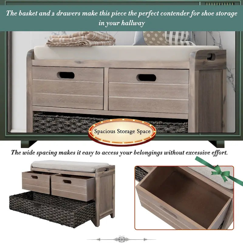 Storage Bench with Removable Basket and 2 Drawers, Fully Assembled Shoe Bench with Removable Cushion