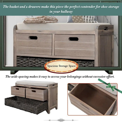 Storage Bench with Removable Basket and 2 Drawers, Fully Assembled Shoe Bench with Removable Cushion