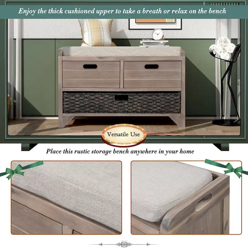 Storage Bench with Removable Basket and 2 Drawers, Fully Assembled Shoe Bench with Removable Cushion