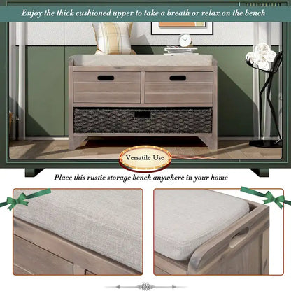 Storage Bench with Removable Basket and 2 Drawers, Fully Assembled Shoe Bench with Removable Cushion