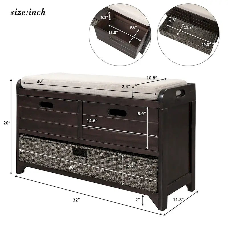 Storage Bench with Removable Basket and 2 Drawers, Fully Assembled Shoe Bench with Removable Cushion