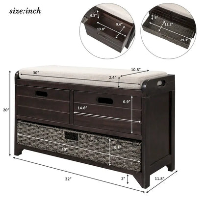 Storage Bench with Removable Basket and 2 Drawers, Fully Assembled Shoe Bench with Removable Cushion