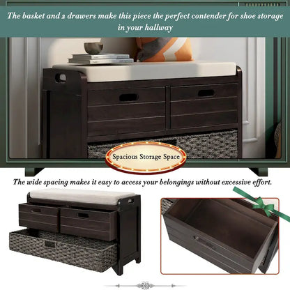 Storage Bench with Removable Basket and 2 Drawers, Fully Assembled Shoe Bench with Removable Cushion