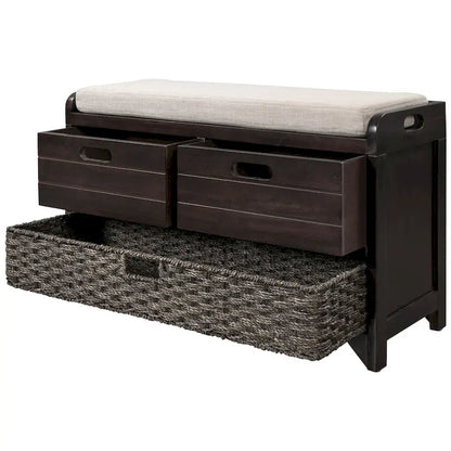 Storage Bench with Removable Basket and 2 Drawers, Fully Assembled Shoe Bench with Removable Cushion