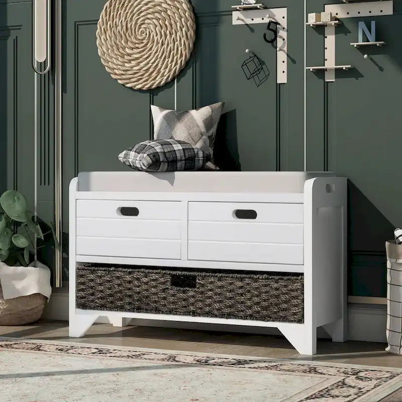Storage Bench with Removable Basket and 2 Drawers, Fully Assembled Shoe Bench with Removable Cushion