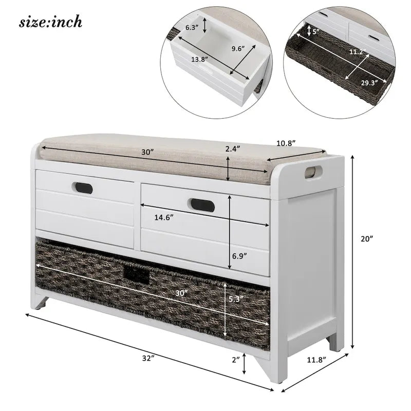 Storage Bench with Removable Basket and 2 Drawers, Fully Assembled Shoe Bench with Removable Cushion