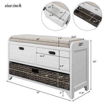 Storage Bench with Removable Basket and 2 Drawers, Fully Assembled Shoe Bench with Removable Cushion