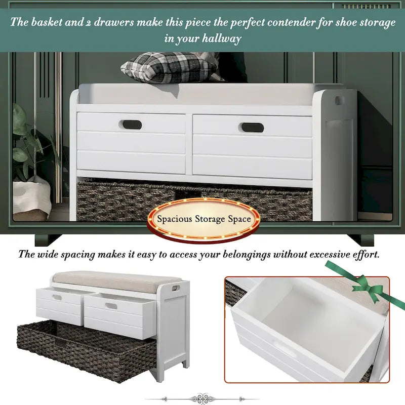 Storage Bench with Removable Basket and 2 Drawers, Fully Assembled Shoe Bench with Removable Cushion