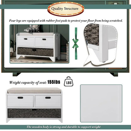 Storage Bench with Removable Basket and 2 Drawers, Fully Assembled Shoe Bench with Removable Cushion
