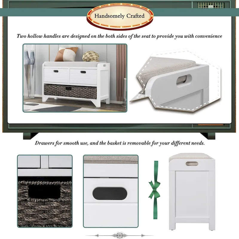 Storage Bench with Removable Basket and 2 Drawers, Fully Assembled Shoe Bench with Removable Cushion