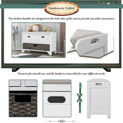 Storage Bench with Removable Basket and 2 Drawers, Fully Assembled Shoe Bench with Removable Cushion