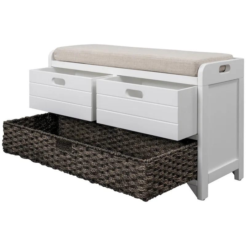 Storage Bench with Removable Basket and 2 Drawers, Fully Assembled Shoe Bench with Removable Cushion