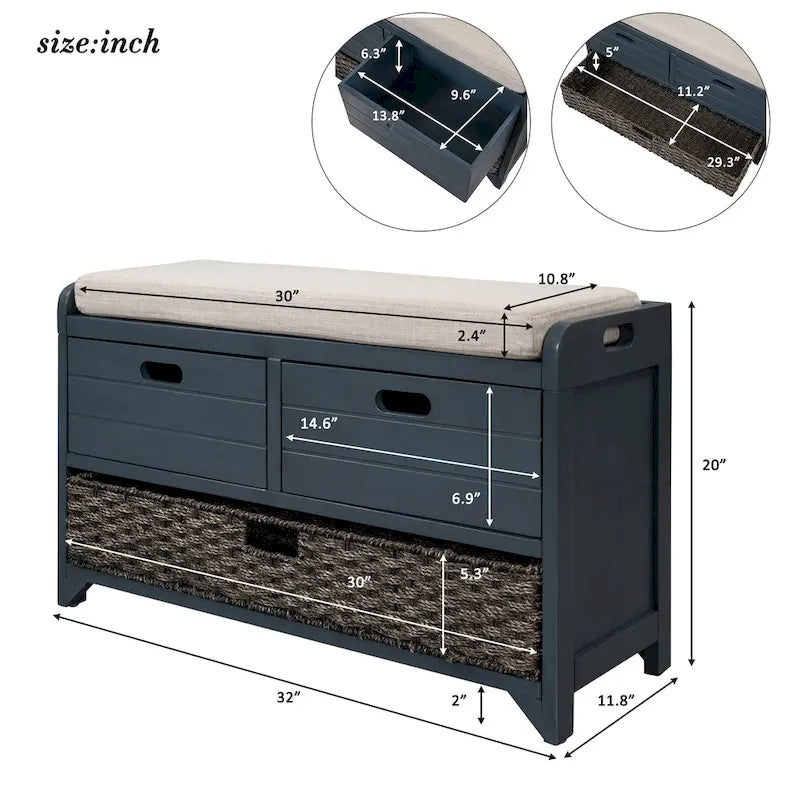 Storage Bench with Removable Basket and 2 Drawers, Fully Assembled Shoe Bench with Removable Cushion