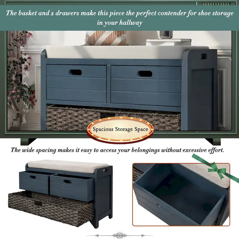 Storage Bench with Removable Basket and 2 Drawers, Fully Assembled Shoe Bench with Removable Cushion