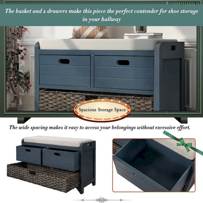 Storage Bench with Removable Basket and 2 Drawers, Fully Assembled Shoe Bench with Removable Cushion