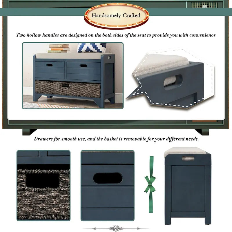 Storage Bench with Removable Basket and 2 Drawers, Fully Assembled Shoe Bench with Removable Cushion