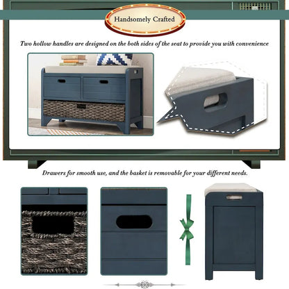Storage Bench with Removable Basket and 2 Drawers, Fully Assembled Shoe Bench with Removable Cushion