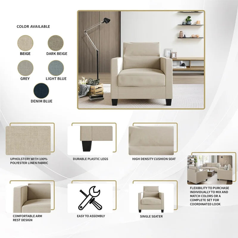 CraftPorch Clean and Minimalist Linen Upholstered 3-Piece Living Room Set