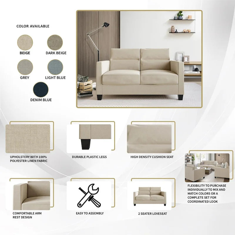 CraftPorch Clean and Minimalist Linen Upholstered 3-Piece Living Room Set