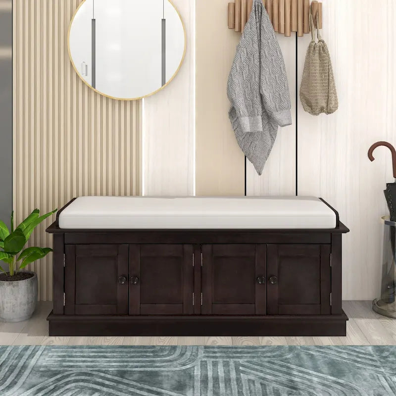 Storage Shoes Bench with 4 Doors and Adjustable Shelves, Removable Cushion