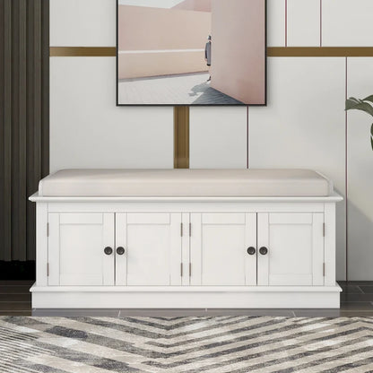 Storage Shoes Bench with 4 Doors and Adjustable Shelves, Removable Cushion