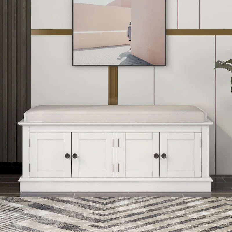 Storage Shoes Bench with 4 Doors and Adjustable Shelves, Removable Cushion