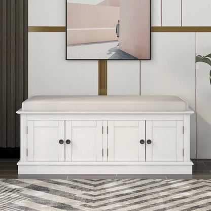 Storage Shoes Bench with 4 Doors and Adjustable Shelves, Removable Cushion