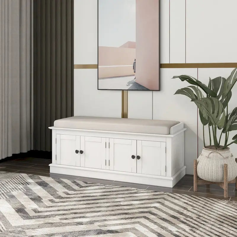 Storage Shoes Bench with 4 Doors and Adjustable Shelves, Removable Cushion