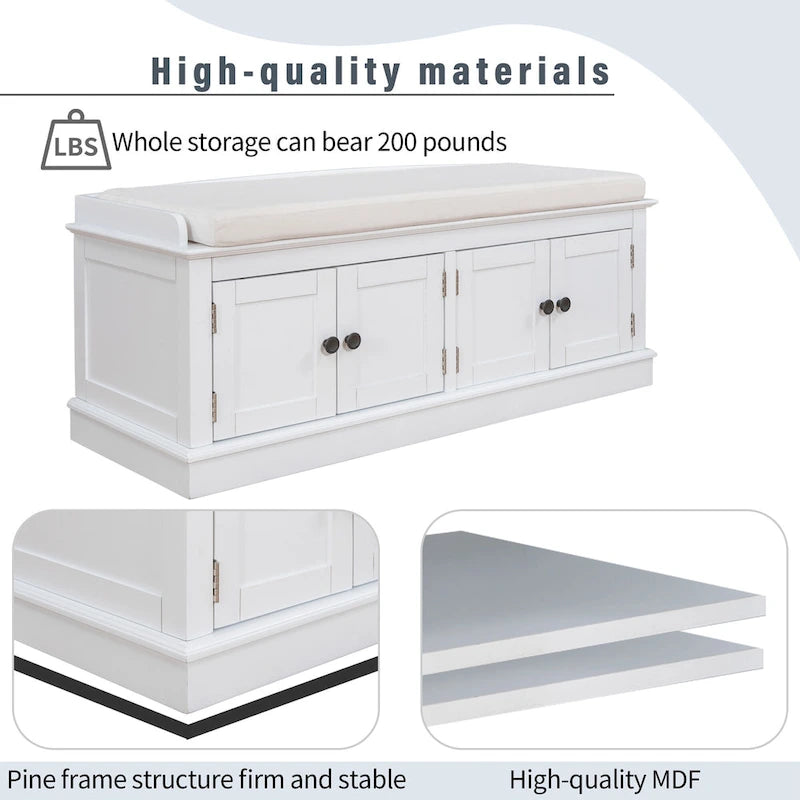 Storage Shoes Bench with 4 Doors and Adjustable Shelves, Removable Cushion
