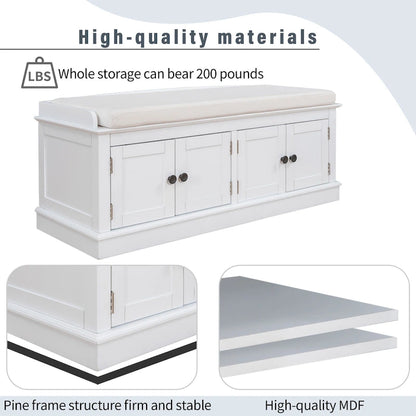 Storage Shoes Bench with 4 Doors and Adjustable Shelves, Removable Cushion